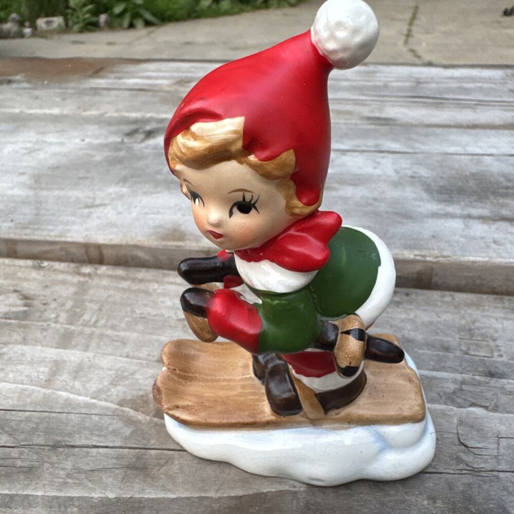 Vintage Porcelain Girl Skier Figurine Lefton Trade Mark Exclusives Japan 5” Tall